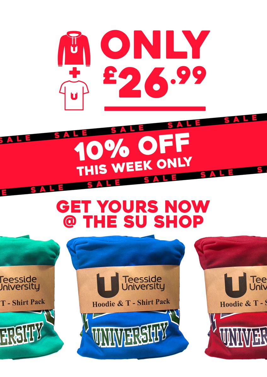 24 hours left! Get yourself a bargain with 10% off all Teesside Uni merch in the SU Shop. Ground floor, SU Building. #TeessideUni