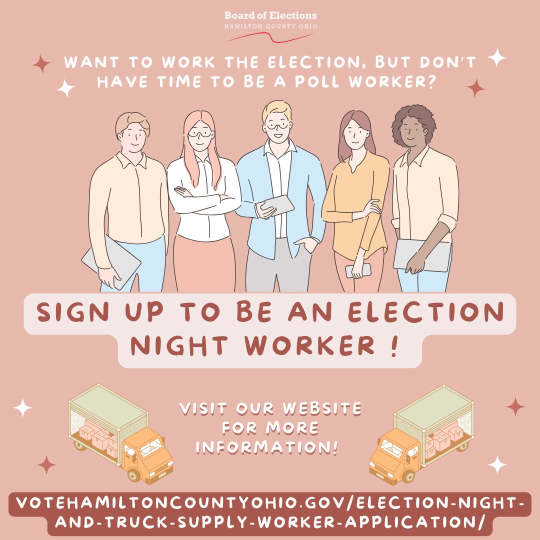 Want to work the election but don't have the time to be a poll worker? You might be a perfect candidate to be an Election Night Worker! Visit here for more information: votehamiltoncountyohio.gov/election-night…