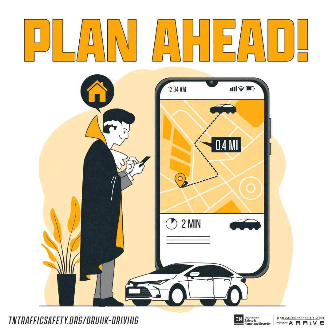 Happy Halloween! Avoid the bite of a DUI and plan a safe ride home before you party. If someone you know has been drinking, they are not good to drive.

Call a taxi, a ridesharing service, or a sober friend to ensure everyone gets home safe.

Learn more: tntrafficsafety.org/drunk-driving.