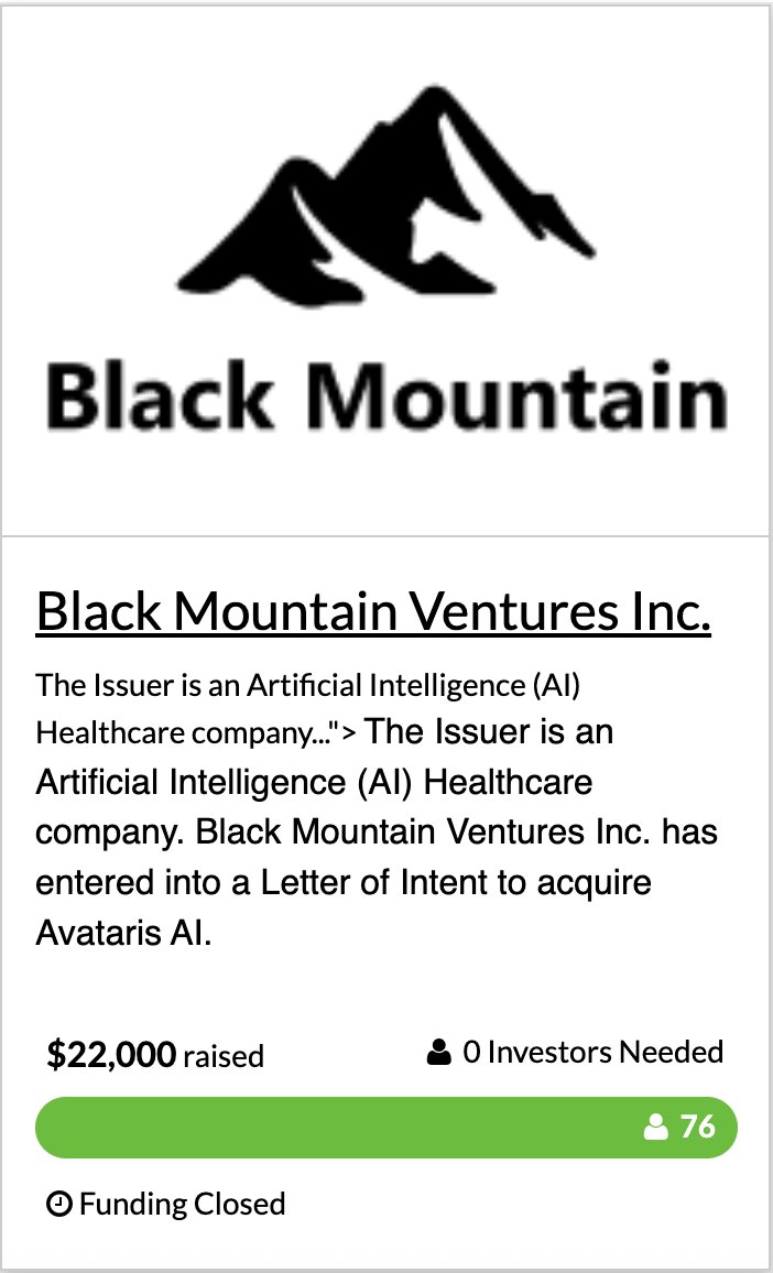 VestedCa's tweet image. The equity crowdfunding campaign for Black Mountain Ventures is now closed.  The company raised $22,000 with 76 investors.

vested.ca/projects/view/…

Vested.ca