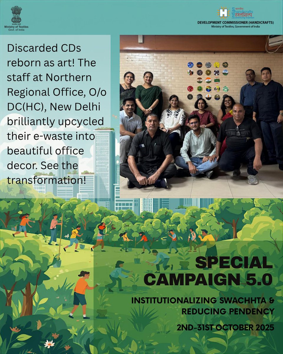 handicraftsdc's tweet image. Brilliant e-waste solution by O/o DC(HC), Northern Regional Office, New Delhi! Staff painted and upcycled old, discarded CDs into beautiful office wall decor. A creative way to champion Reduce, Reuse, Recycle! ♻️🎨 #EWasteManagement #Upcycling #SpecialCampaign5