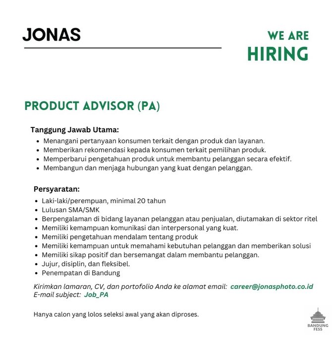 Lowongan kerja di Jonas Photo Bandung. #loker #bandung #lowonganBandung #lokerBandung
