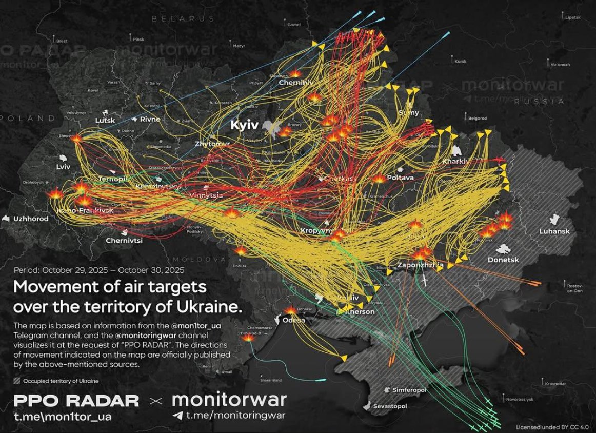 Ukraine 🇺🇦

Image qui représente approximativement les missiles et drones russes qui ont frappé l'Ukraine durant cette nuit. Depuis l'arrivée de D. Trump à la Maison Blanche, le Kremlin n'a fait que d'augmenter les tirs sur l'Ukraine.