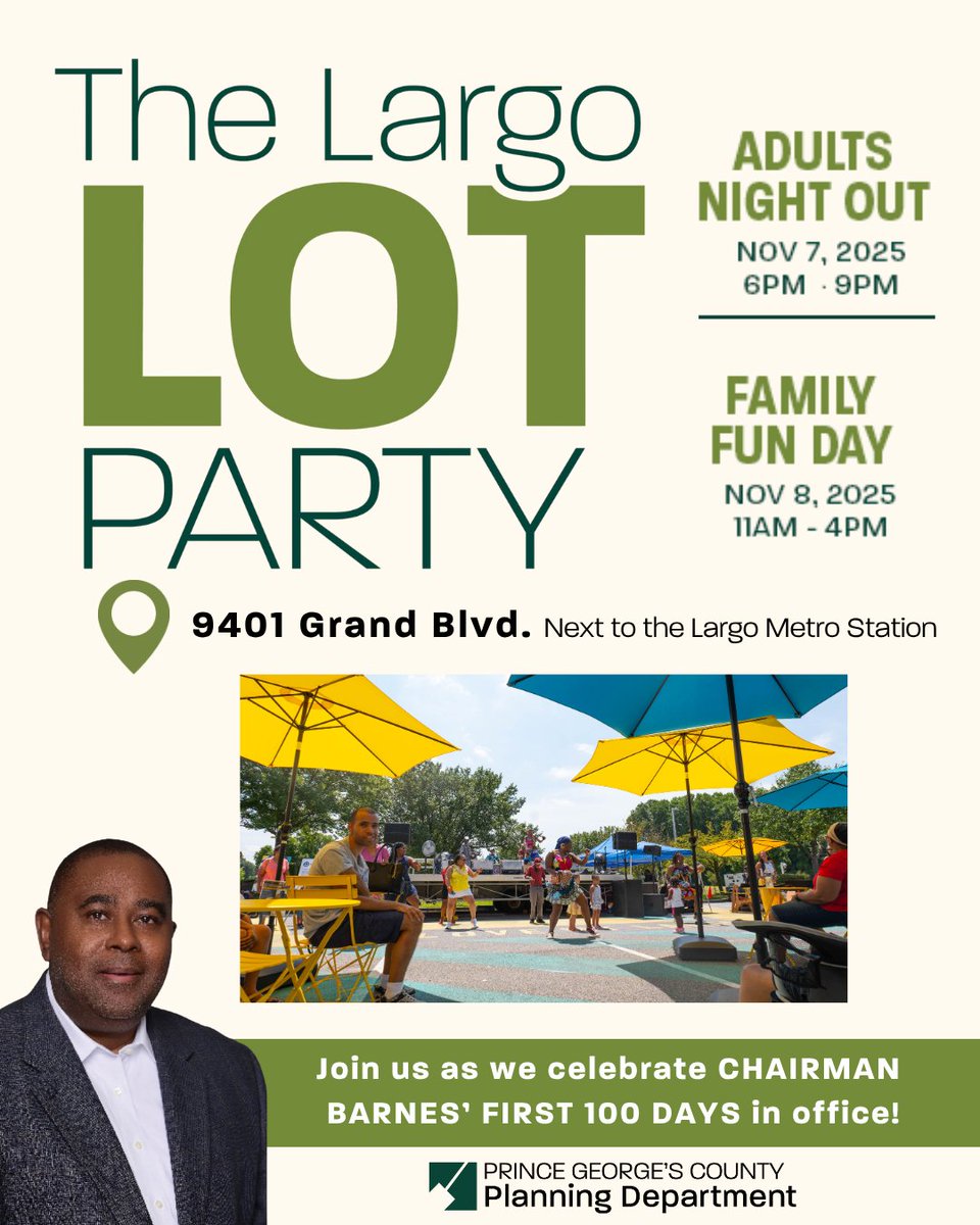 🌟Join us at the #LargoLotParty &amp; help transform vacant land into a vibrant space for residents and small businesses.
🎶 Food, music, art &amp; more
📍 9401 Grand Blvd, next to Largo Metro Station
🗓️ Adult Night Out: Fri, Nov 7 | 6–9 pm
🗓️ Family Fun Day: Sat, Nov 8 | 11 am–4 pm