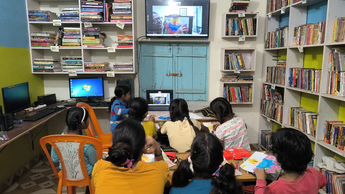BansaLibrary's tweet image. At our rural free library, technology bridges distance and brings learning to life. In this session, a teacher from another city joined our young readers virtually to guide them through an engaging art activity, sparking creativity, curiosity, and confidence among children right…