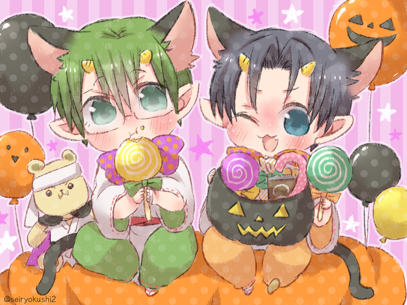 seiryokushi2's tweet photo. 黒猫になった小鬼高尾&amp;小鬼緑間です！ 
「こーんなにお菓子もらったぜ！」 
「はっぴーはろうぃんなのだよ！」

黒バスはろうぃん百鬼夜行2025
@hyakki_kurobasu https://t.co/vjDZw9d8DN