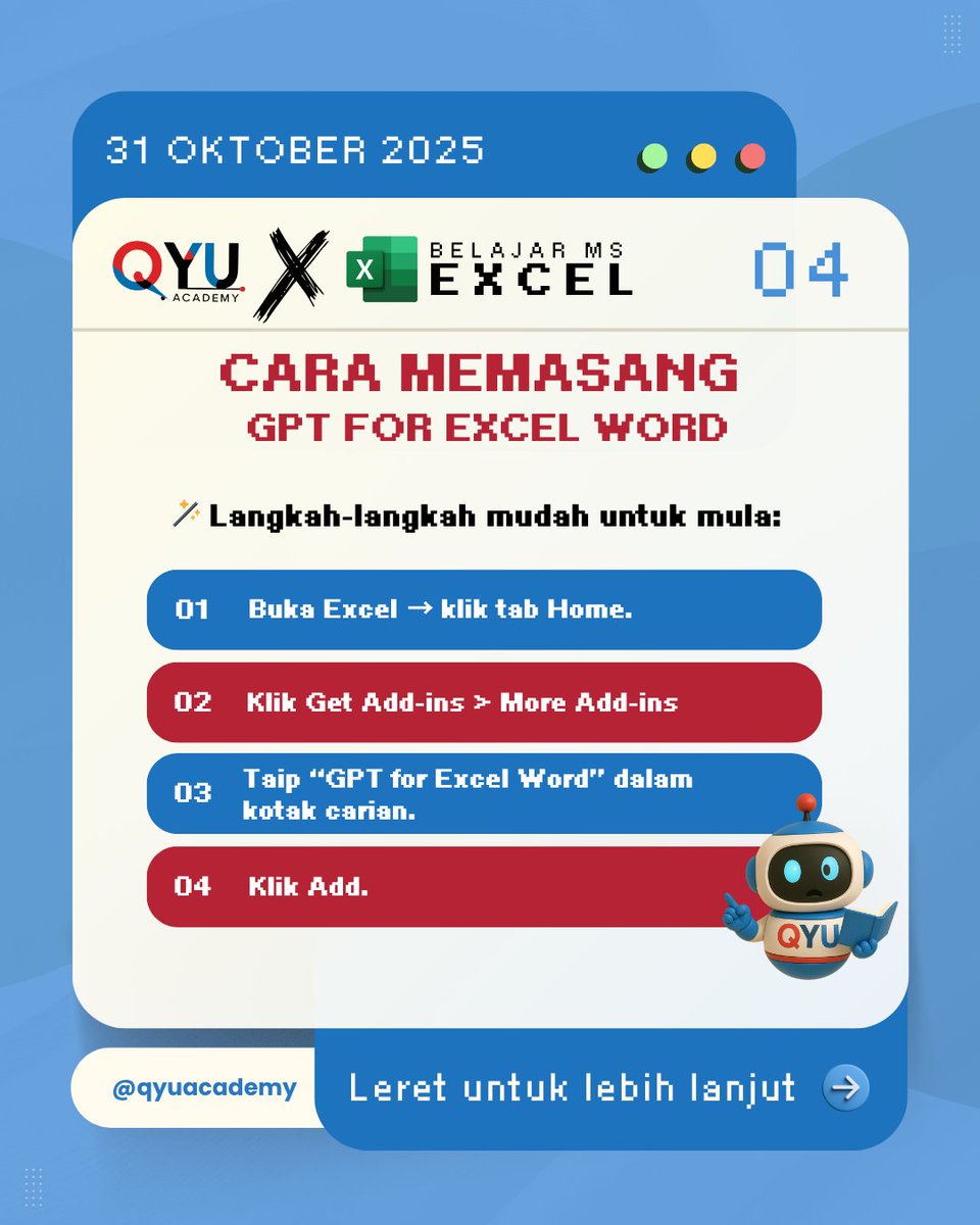 🚀 JOM KENALI GPT FOR EXCEL WORD - PART 1
💡 Excel kini ada “otak tambahan”

Jom bersama QYU Academy — Belajar. Mahir. Berjaya.

#QYUAcademy #BelajarDigital #QYUTips #JomMahir