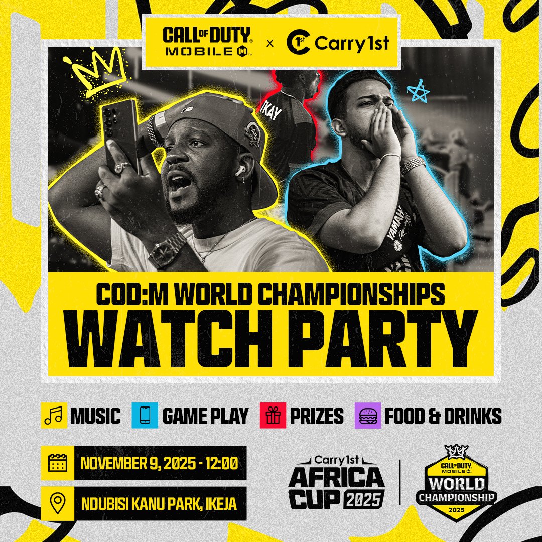 LAGOS! It's time to lock in!🇳🇬

📍Bring the squad to Ndubisi Kanu Park, Ikeja on the 9th of November @ 12:00 for a watch party like never before!📺

🎉🎶Expect Music, gameplay, food, drinks and prizes! Don't miss out on the epic action going down at the