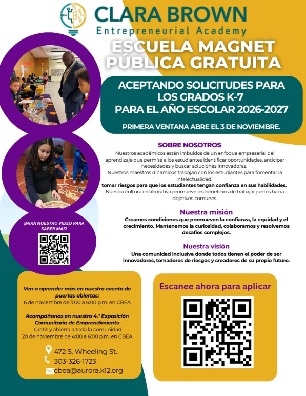 🚨 Attention parents! 🚨 K-7 Applications for the 2026-27 School Year are NOW OPEN! 🎉 We also have 25 spots in 6th Grade! Secure your child’s future today! Scan the QR Code or visit: cbea.aurorak12.org 📚 #Education #Enrollment #AuroraSchools