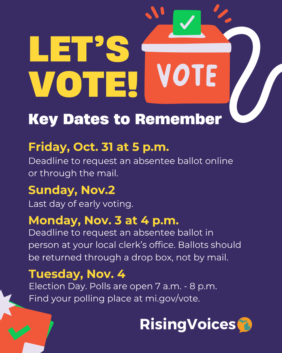 RisingVoicesAAF's tweet photo. Your vote = your voice. 🗳️ From now through Election Day on Nov. 4, make a plan, check your registration, and cast your ballot!

Find your polling place or track your absentee ballot at https://t.co/d1bQ6bx7lG. https://t.co/S9yuqaBZRc