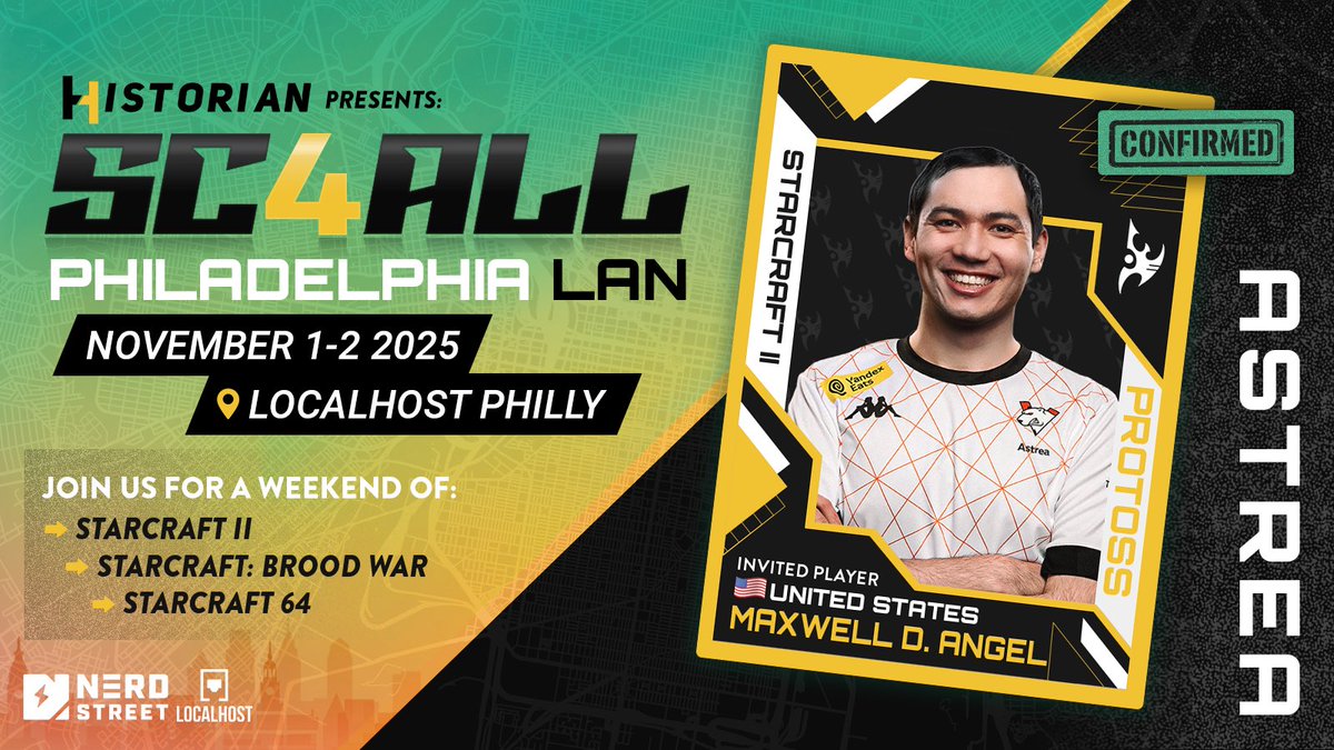 SC2Historian's tweet photo. Our final invite is in & it’s @SCAstrea! That’s right, one of the most feared North American players of all time is joining us in Philly! We’re just a few days out now! Nov 1-2, tune in to see some of the worlds best fight it out in SC2, BW, and even SC64! #SC4YOU #SC4ME #SC4ALL https://t.co/AzFouVlkPa