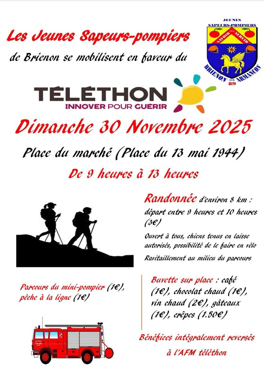 #Téléthon | 🟡Les Jeunes Sapeurs-Pompiers de Brienon-sur-Armançon se mobilisent pour le Téléthon. Rendez-vous le dimanche 30 novembre 2025 sur la place du marché !