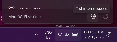 kosa12m's tweet image. the most recent Windows insider preview release added an internet speed test "button" to the Wi-Fi control center that actually just tells you to fucking Google it instead