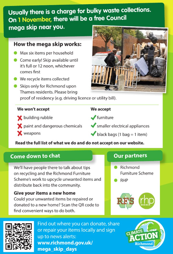 ♻️ Clear out your clutter - the #MegaSkip is back in Twickenham!
📅 Sat 1 Nov, 9am–12 noon or until the skip is full.
📍 ETNA Community Centre, Rossyln Rd, TW1 2AR
Drop off your unwanted household items (no business waste).
Let’s keep Twickenham clean &amp; green 💚
#MegaSkipDay