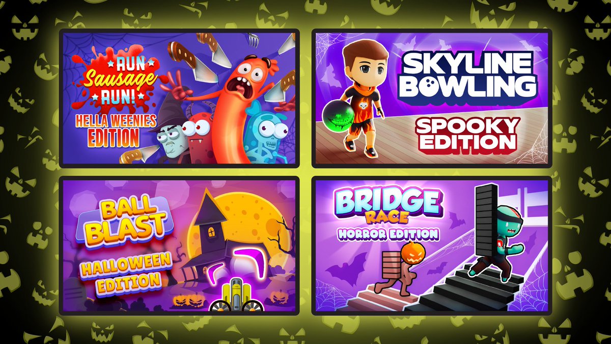 👻 New spooky bundles have arrived on Nintendo Switch! 🎃

Get ready for frightfully fun deals with our brand-new Halloween Editions:
🎳 Skyline Bowling: Spooky Edition
🧱 Bridge Race: Horror Edition
🌭 Run Sausage Run!: Hella Weenies Edition
💣 Ball Blast: Halloween Edition