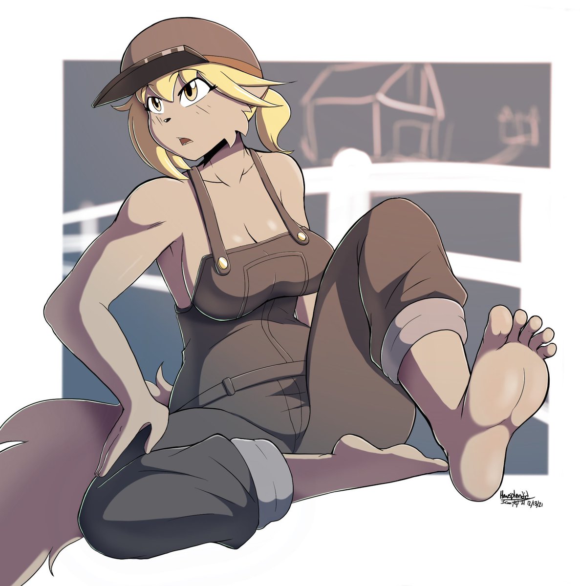 My character Sonia in overalls