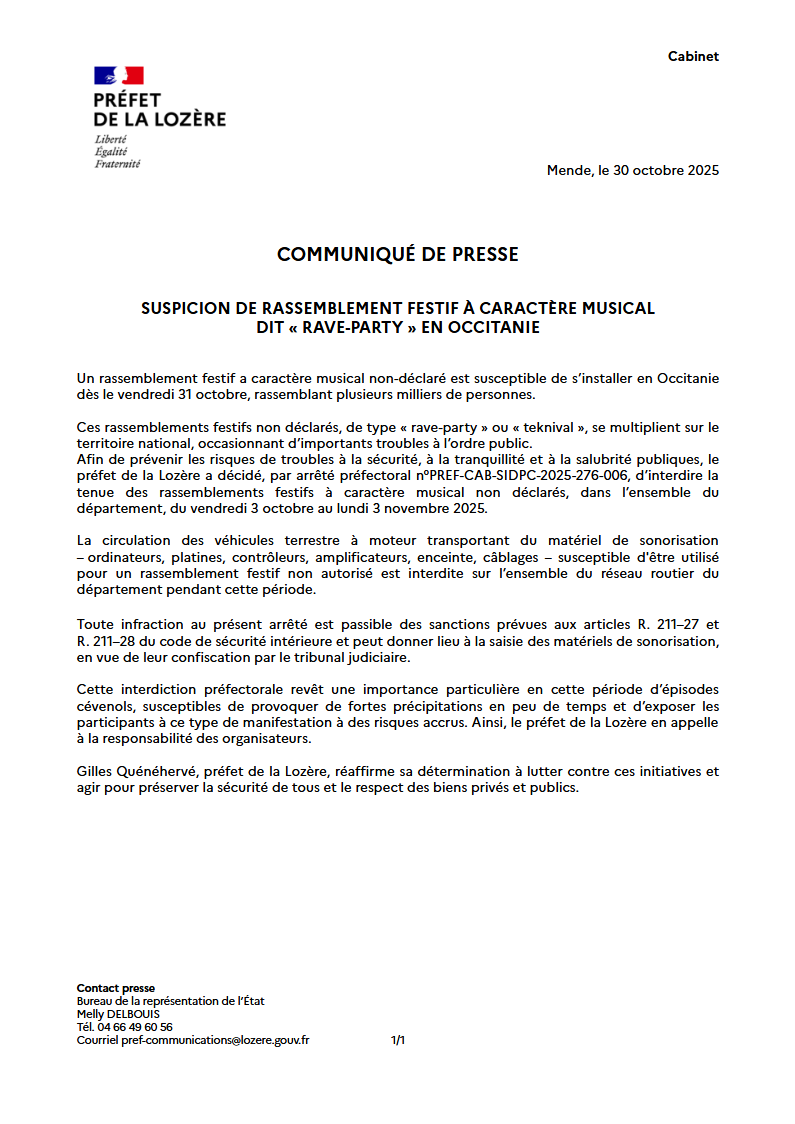 Image de Préfet de la Lozère - #information I ⚠️Suspicion de rassemblement festif à caractère musical dit "rave-party" en Occitanie