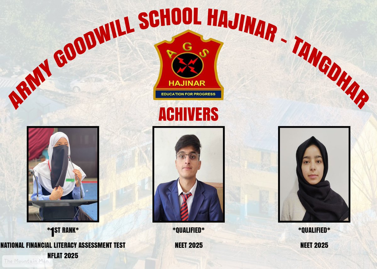 FayazAhmadNaza1's tweet image. 1.Army Goodwill School Hajinar - Tangdhar celebrates its bright stars 
 1st Rank in NFLAT 2025
 NEET 2025 Qualifiers
Your hard work inspires us all! 
#EducationForProgress #AGSHajinar #ProudMoment #StudentSuccess