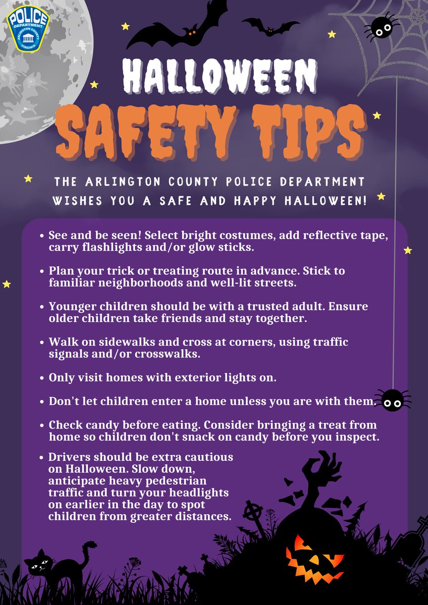 ACPD is reminds you of the following tips to make sure your Halloween is safe &amp; spooktacular👻!

Trick-or-treating🎃:
-Wear reflective tape, carry flashlights &amp;/or glow sticks, stay in well-lit neighborhoods &amp; walk on sidewalks

Driving🚗:
-Use extra caution &amp; slow down