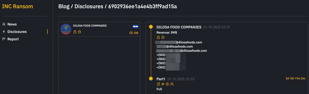 #INCRansom #ransomware group has listed #Dilosa (dilosafoods.com), based in #ElSalvador 🇸🇻, which imports, processes, and distributes rice, beans, flour, corn, seeds, and chocolate for the national and international market.

Stay informed, monitor cyber threats, and sign