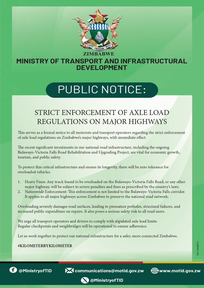 ZTNPrime's tweet image. #PublicNotice 
The Ministry of Transport and Infrastructural Development urges motorists to avoid overloading as it is the early cause of road damage 
#GetThePicture #ZTNPrime #DSTV294 #Zimbabwe