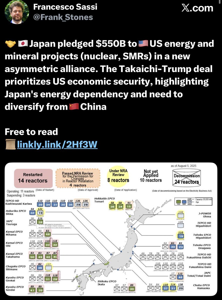 UrbanKaoboy's tweet image. Musings of the Day, 10/30/25:

I think the China Deal is a nothing burger and nothing but a bridge to Autarky on both sides.

Look to the Japan deal for the real Geopolitical imperatives of the US.
