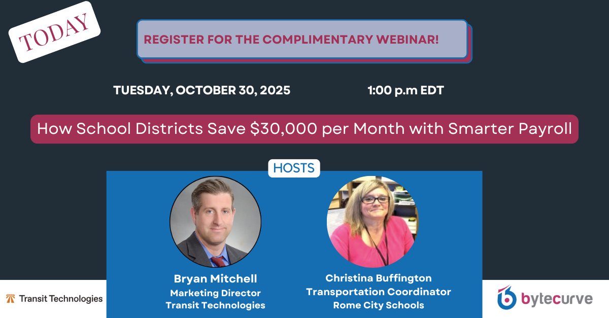 BytecurveLLC's tweet image. 🚨 Today’s the day! Please join us for our FREE webinar on How School Districts Save $30,000 per Month with Smarter Payroll!

stnonline.com/multimedia/fre…

#PayrollSolutions #SchoolTransportation @BytecurveLLC  @STNMagazine