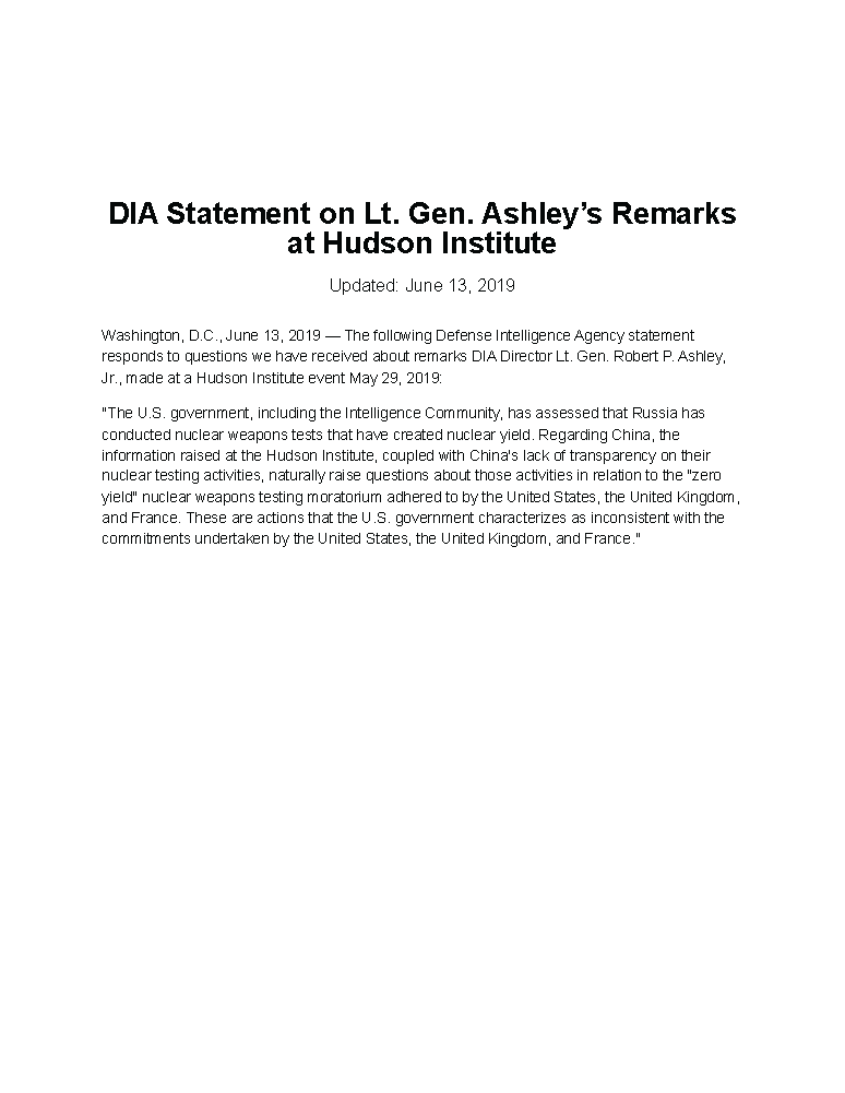 The <a href="/StateDept/">Department of State</a> 2021 "compliance report" is the most detailed unclassified statement on Russian, Chinese nuclear testing. <a href="/DefenseIntel/">DIA</a> said something similar in 2019. Russia is directly accused of low-yield testing, while there are only concerns about Chinese transparency.