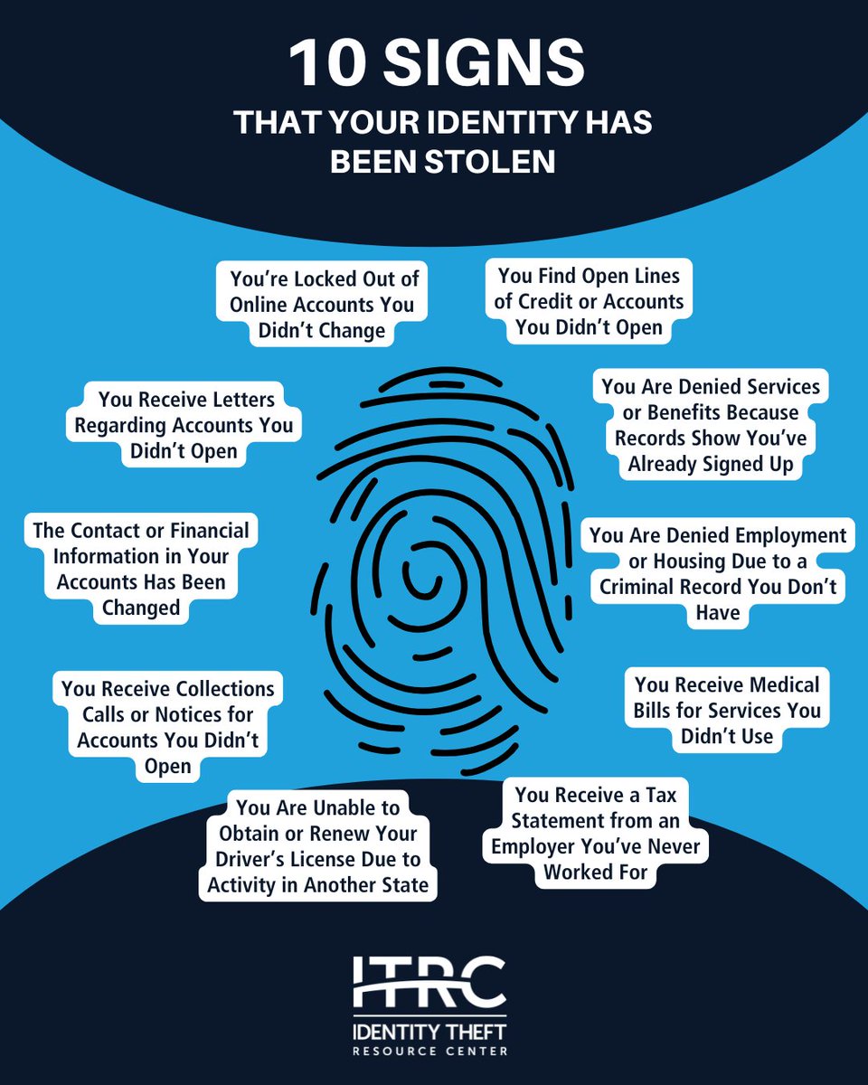 Here are 10 signs your personal information may have been stolen — from surprise accounts to unfamiliar bills. If something doesn’t look right, act quickly and check your accounts. Click here for more information: idtheft.center/3JnjEFX
