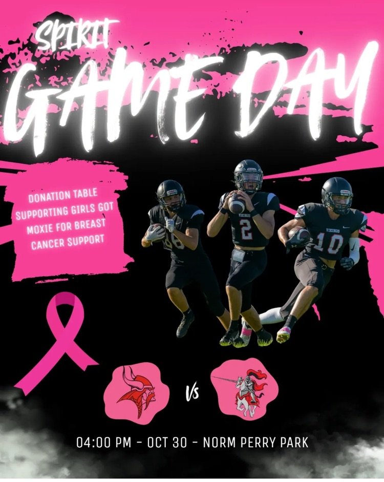 The excitement is building! BBQ in the courtyard today! Pep rally! Wear your white and get ready to cheer on your Viking football players today at 4PM at Norm Perry Park! 🏈