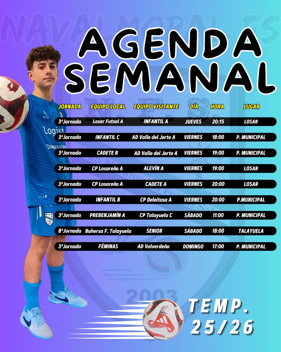 📄 AGENDA AZUL 📄
📅 31 de Octubre - 02 de Noviembre.

👀 Echa un vistazo a todos los partidos, horarios y rivales de nuestros equipos.

Las previas de los partidos, aquí 👉 navalmoralfs.com/web/noticia.as…

Toda la información de la cantera en la cuenta oficial (<a href="/NFSCantera/">NavalmoralFS Cantera</a>)

#IlusiónNFS