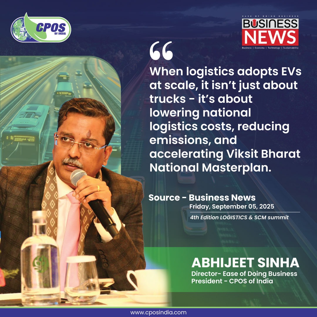 CPOSIndia's tweet image. Mr. @Abhijeet_Sinhaa, President of @CPOSIndia, shared his views on Driving the Future of Logistics: Embracing EVs isn’t just about transforming fleets, it’s a step towards cost efficiency, low emissions, and a Viksit Bharat National Masterplan.

 #SmartLogistics #ViksitBharat