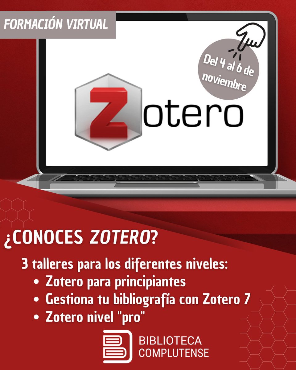 📕 3 talleres sobre Zotero para diferentes niveles: 

🔴 Zotero para principiantes:
📅 4/11
🕛12:00-13:00

🔴 Gestiona tu bibliografía con Zotero 7:
📅 5/11
🕛 12:00-13:30
🕔 17:00-18:30

🔴 Zotero nivel "pro":
📅 6/11
🕛 12:00-13:30

🔗 biblioagenda.ucm.es/calendar/forma…

#FormaciónBUC