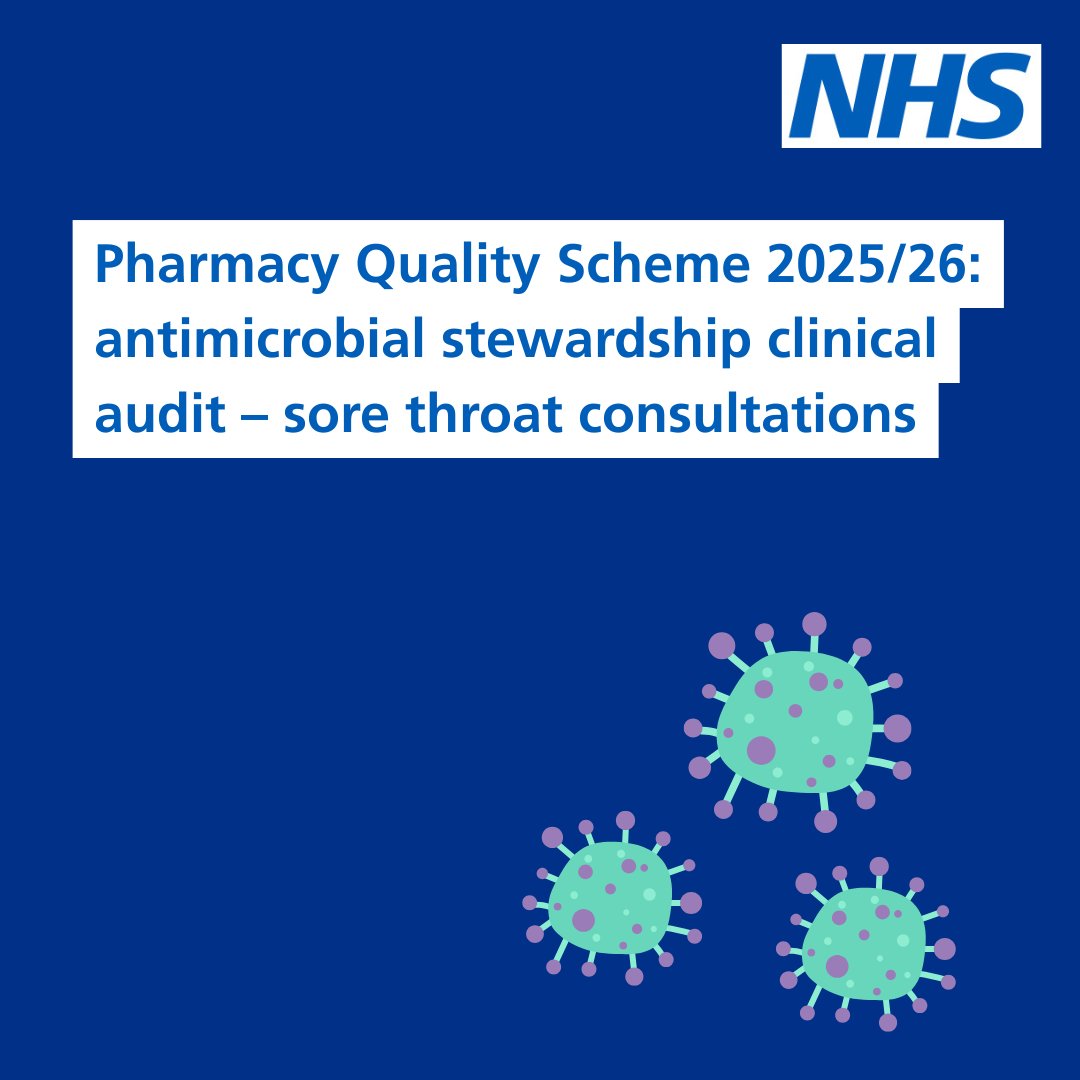 Calling community pharmacies participating in the 2025/26 Pharmacy Quality Scheme - the Antimicrobial Stewardship Clinical Audit for sore throat consultations is now open.  

The audit must be completed by 31 Mar 2026. The guidance will help: 

england.nhs.uk/publication/ph…