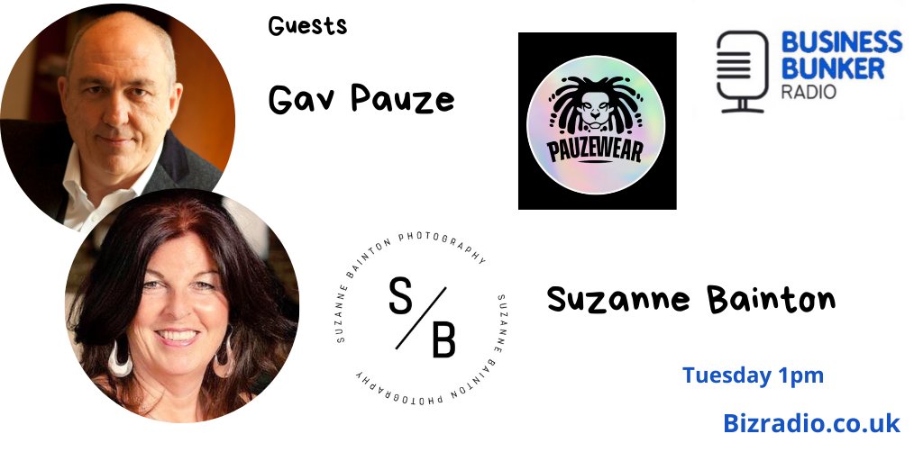 With me &amp; <a href="/julesserkin/">jules serkin</a>  on the next #BBunker Radio Show our guests are

 <a href="/Gav_Pauze/">Gav Pauze</a> of <a href="/pauzewear/">Pauzewear</a> 
 &amp; Suzanne Bainton Photography
We will be talking about this vibrant clothing brand &amp; online presence with captivating photography. 

 All the details here bizradio.co.uk