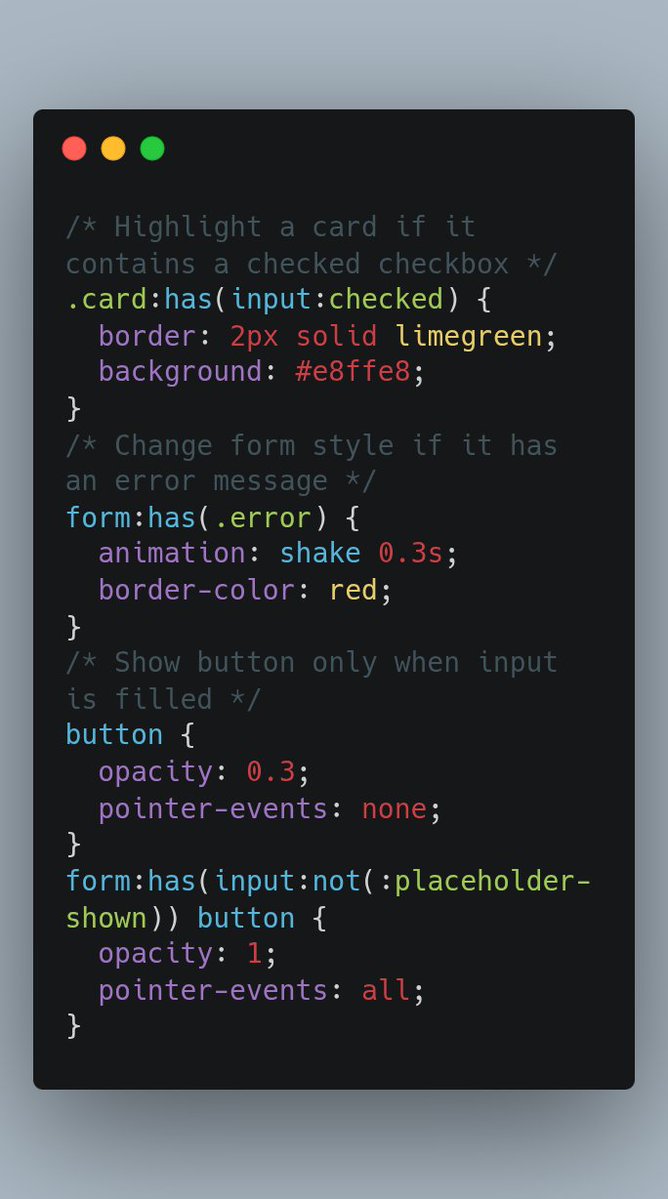 isMusembi's tweet image. 🔥CSS Tip — Use :has() for parent-level styling (The CSS “if statement”!)
✅ Why:
Turns CSS into conditional logic (no JS needed).
Makes your UI more reactive and elegant.
Works in all modern browsers (Chrome, Edge, Safari, Firefox 121+).