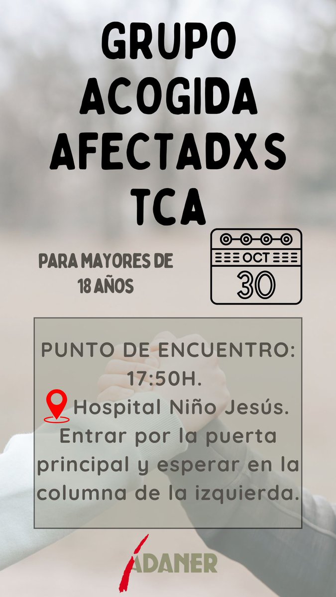 Como cada jueves por la tarde, abrimos nuestro Grupo de Acogida para todas aquellas personas,>18 a., con un TCA. Si estás buscando ayuda, acércate a nuestro punto de encuentro

#ayudatca #TCA #anorexia #bulimia #trastornoporatracon #grupodeautoayuda #GrupodeApoyo #adanermadrid
