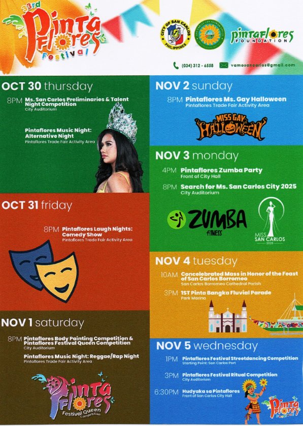 SCCLGUPH's tweet photo. San Carlos blooms again with color, rhythm, and joy for #PintafloresFestival2025! 🌸💃 Each event celebrates our stories, talents, and vibrant spirit. 📅 Check out the activity schedule and join the fiesta that unites us. Vamos, San Carlos! 💚🌼 #VamosSanCarlos https://t.co/u1RrO8F0m4