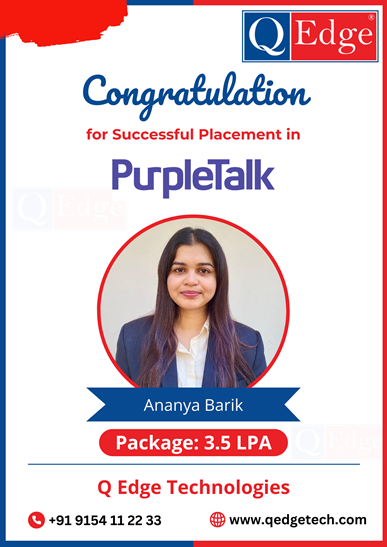 🎉 Congratulations to Ananya Barik on getting placed at PurpleTalk India Pvt. Ltd. as a QA Tester with a CTC of 3.5 LPA! 💼✨
Your hard work &amp; dedication have paid off!
— Team QEdge💙
Best Institute for IT Courses in Hyderabad
#QEdgeTechnologies #PlacementSuccess #QATester