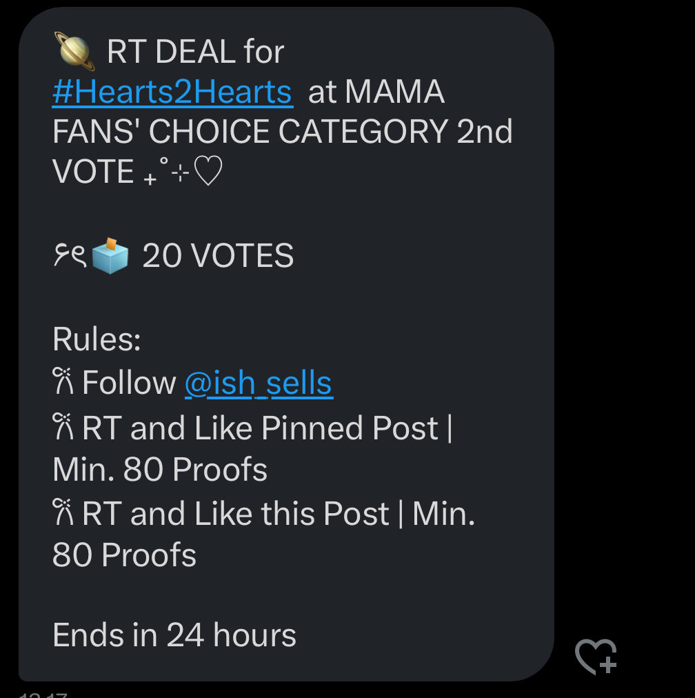 palmsugars06's tweet photo. 🪐 RT DEAL for #Hearts2Hearts  at MAMA FANS' CHOICE CATEGORY 2nd VOTE ₊˚⊹♡

۶ৎ🗳 20 VOTES

Rules:
𐙚 Follow @ish_sells
𐙚 RT and Like Pinned Post | Min. 80 Proofs
𐙚 RT and Like this Post | Min. 80 Proofs

Ends in 24 hours https://t.co/qbDd4yUmcr