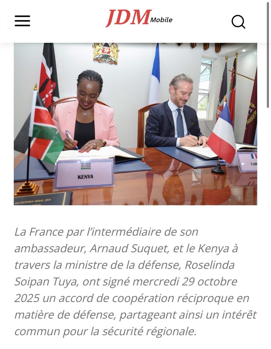 Après l’opération #ChooseMayotte, je me félicite de la signature d’un accord de défense entre la France 🇫🇷 et le Kenya 🇰🇪 qui vient renforcer notre partenariat en matière de sécurité maritime et de réponse aux catastrophes naturelles et humanitaires entre nos deux pays.

Cet