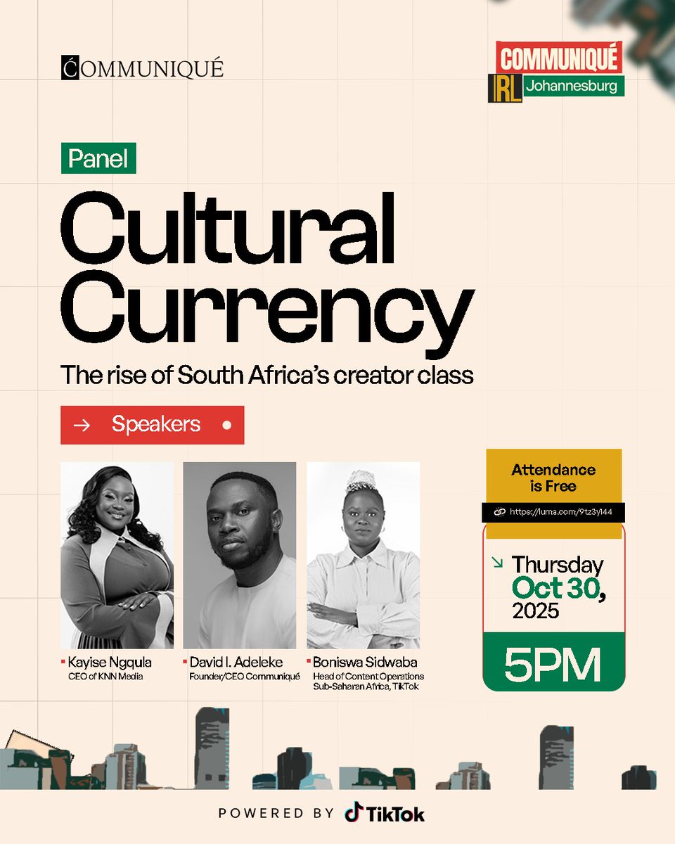 Communiqué IRL Joburg is today! 

Get ready for conversations led by Boniswa Sidwaba (Head of Content Operations Sub-Saharan Africa, TikTok), Kayise Ngqula <a href="/KayiseNgqula/">Kayise Nolufefe Ngqula</a>  (CEO of KNN Media Pty Ltd &amp; KNN Network), and David I. Adeleke <a href="/davidadeleke/">Adeleke David Adekunle (Mr Effectiveness)</a> (Founder/CEO, Communiqué).