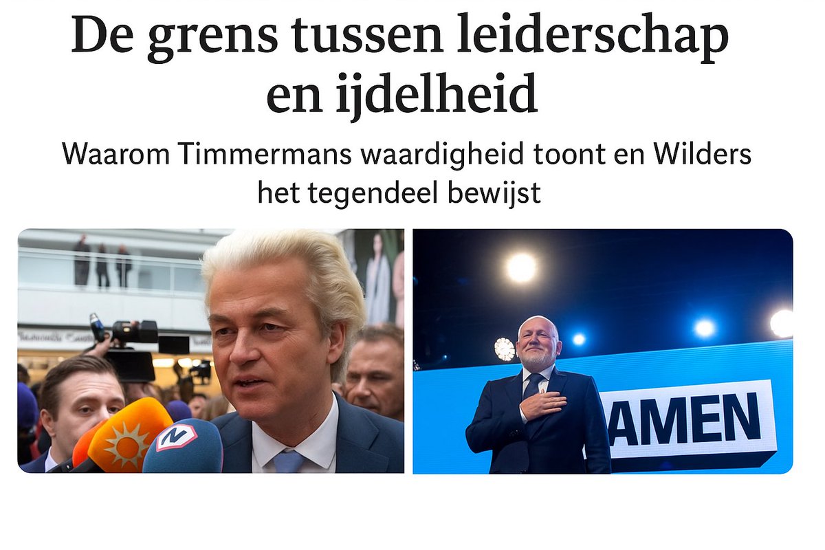 ybouyafa's tweet photo. De grens tussen leiderschap en ijdelheid

Waarom Timmermans waardigheid toont en Wilders het tegendeel bewijst

Soms zegt één zin meer dan een hele politieke campagne.
Toen Frans Timmermans aankondigde dat hij zijn functie neerlegt, deed hij dat met waardigheid, zelfreflectie en respect voor de kiezer. Een man die begreep dat leiderschap niet alleen draait om macht, maar ook om het moment waarop je weet ruimte te maken voor de volgende generatie.
Daarmee toonde hij wat echte democratische volwassenheid is: verantwoordelijkheid boven ego.

En dan, aan de andere kant van het politieke spectrum, die ene uitspraak van Geert Wilders na het uitbrengen van zijn stem:

“Ik ga door tot mijn tachtigste, dus u bent nog lang niet van mij af.”

Een luchtige zin, misschien bedoeld als grap, maar inhoudelijk onthullend.
Ze verraadt een mentaliteit waarin politiek geen publieke dienst meer is, maar een persoonlijk bezit.
Het idee dat macht iets is wat men moet behouden, niet doorgeven.

Hier ontmoeten twee werelden elkaar:
•de democratische traditie waarin eer, verantwoordelijkheid en bescheidenheid centraal staan,
•en de populistische verleiding waarin politiek verwordt tot theater, macht tot zelfdoel, en de kiezer tot publiek dat applaudisseert voor de hardste stem.

Waar Timmermans laat zien dat idealen ook waardigheid vragen, bewijst Wilders dat populisme verslaafd is aan het idee van de onsterfelijke leider.
De één neemt afscheid met klasse, de ander kondigt aan te blijven tot het bittere eind.
Dat verschil is niet alleen stijl, het is de grens tussen democratie en persoonlijke ijdelheid.

In een tijd waarin politiek steeds meer een permanente campagne lijkt, is het moedig om te zeggen: “het is goed zo, nu is het aan een ander.”
Timmermans heeft laten zien dat politiek nog steeds iets kan betekenen wat groter is dan de persoon zelf.
En misschien is dat precies wat Nederland vandaag het hardst nodig heeft: leiders die weten wanneer ze moeten spreken en wanneer ze waardig moeten zwijgen.