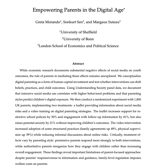 🚨 Exciting news: I’m on the job market this year! 🚨

My Job Market Paper asks:

💡 How do parents manage their children’s social media use, and can we help them do it better?
