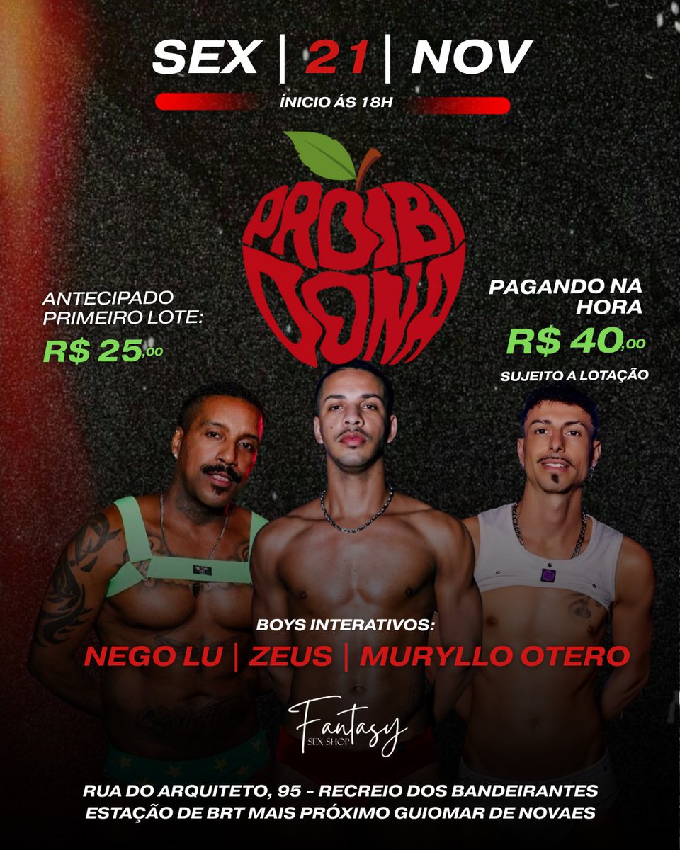 🎟️ SORTEIO DE 4 VIPS!

Quer entrar de graça na primeira edição da PROIBIDONA? 🔥
Pra participar é simples:

1️⃣ Segue a gente aqui no X 👉 <a href="/Proibidona_rj/">Mapa da Pegação 🔞</a>

2️⃣ Dá RT nesse post 😏

Dia 21/11, no Fantasy Club – Recreio.
O proibido vai virar festa 😈
#ProibidonaParty #MapaDaPegação