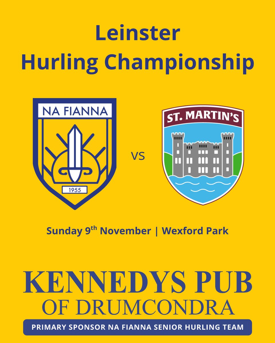 clgNaFianna's tweet photo. Did someone say Leinster Championship roadtrip??

Our Senior Hurlers, proudly supported by Kennedy’s of Drumcondra, take on Wexford Champions St. Martins in Chadwick’s Wexford Park on Sunday, the 9th of November.

Throw-in time is still to be confirmed but will either be 15:30 or 15:45.

We will be running a return coach service between Mobhí Road (Departing midday) and Wexford Park with tickets now available via ClubZap or the link in bio.

When they’re gone, they’re gone. So book early to avoid disappointment!

#NaFiannaAbú💙💛
