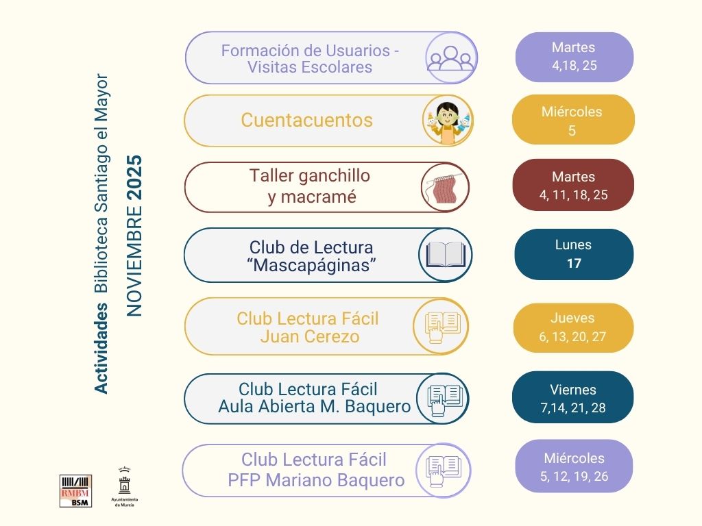 Aquí os dejamos las actividades de la biblioteca para noviembre 😁
<a href="/RMBM17/">RMBM</a>
<a href="/AytoMurcia/">Ayuntamiento de Murcia</a>
<a href="/AAVVsantiagoel1/">AAVVsantiagoelmayor</a>
<a href="/AVRondaSurMurci/">AV Ronda Sur Murcia</a>
<a href="/nav_pio/">Asociación de Vecin@s SanPioX</a>
<a href="/PATINOPEDANIA/">PATIÑO</a>
<a href="/SantiagoMayorJM/">Junta Municipal Santiago el mayor</a>
#lecturafácil #AgendaCultural #ganchillo #clubesdelectura #cuentacuentos