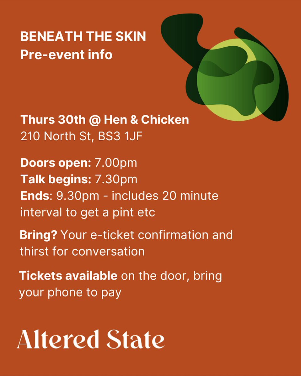 Altered___State's tweet image. What to bring to tonight&apos;s BENEATH THE SKIN - A INTIMATE LOOK AT OUR BODIES talk 

&amp;amp; here&apos;s our *pinch of salt* themed playlist for tonight (Dr &amp;amp; The Medics etc) open.spotify.com/playlist/2AqD6…

#talks #bristoltalks #whatsonbristol #bristol #bristolevents #alteredstate #equality #ageism