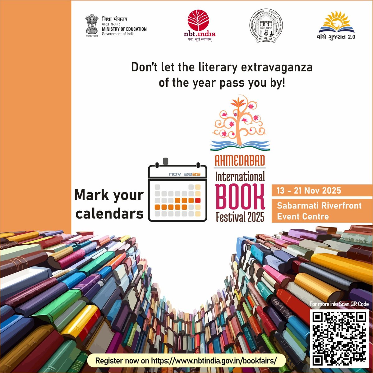 AmdavadAMC's tweet image. Step into a world of words at AIBF 2025! From 13 – 21 November 2025, at the scenic Sabarmati Riverfront Event Centre, Ahmedabad. Book lovers of all ages will gather to celebrate stories, authors, ideas and imagination. Join us for author talks, children’s pavilions, creative…