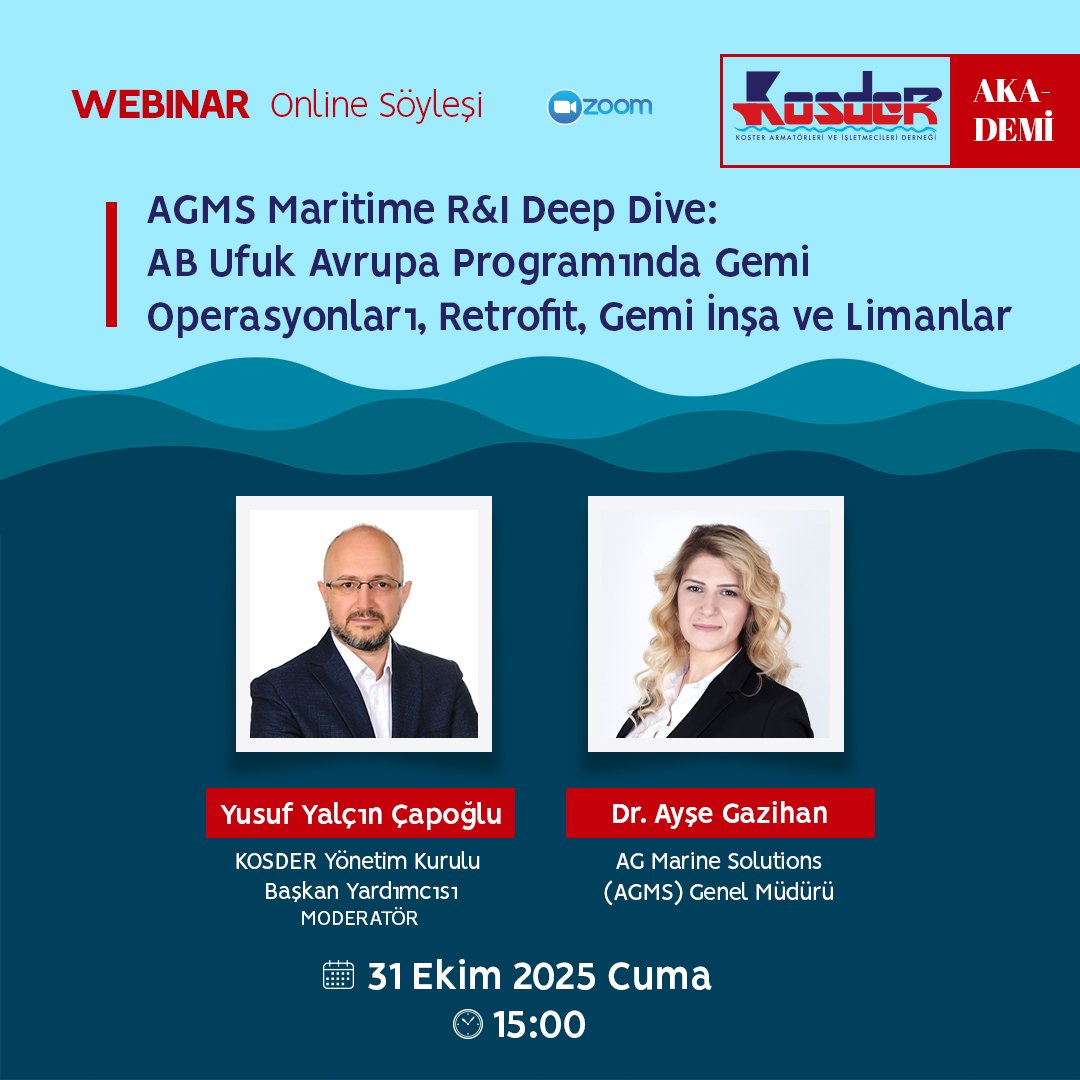 📍 31 Ekim 2025 Cuma, 15:00 | ZOOM
Deniz taşımacılığında “sıfır karbon/sıfır atık, yeşil &amp; dijital dönüşüm” odağında Ufuk Avrupa söyleşisi.
Katıl: us02web.zoom.us/j/84334406437
#Denizcilik #HorizonEU